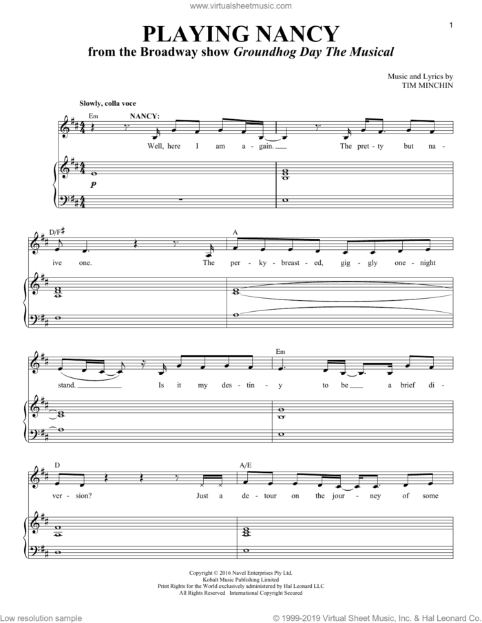 Playing Nancy (from Groundhog Day The Musical) sheet music for voice and piano by Tim Minchin and Richard Walters, intermediate skill level
