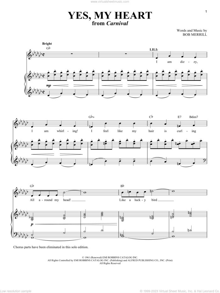 Yes, My Heart (from Carnival) sheet music for voice and piano by Bob Merrill and Richard Walters, intermediate skill level
