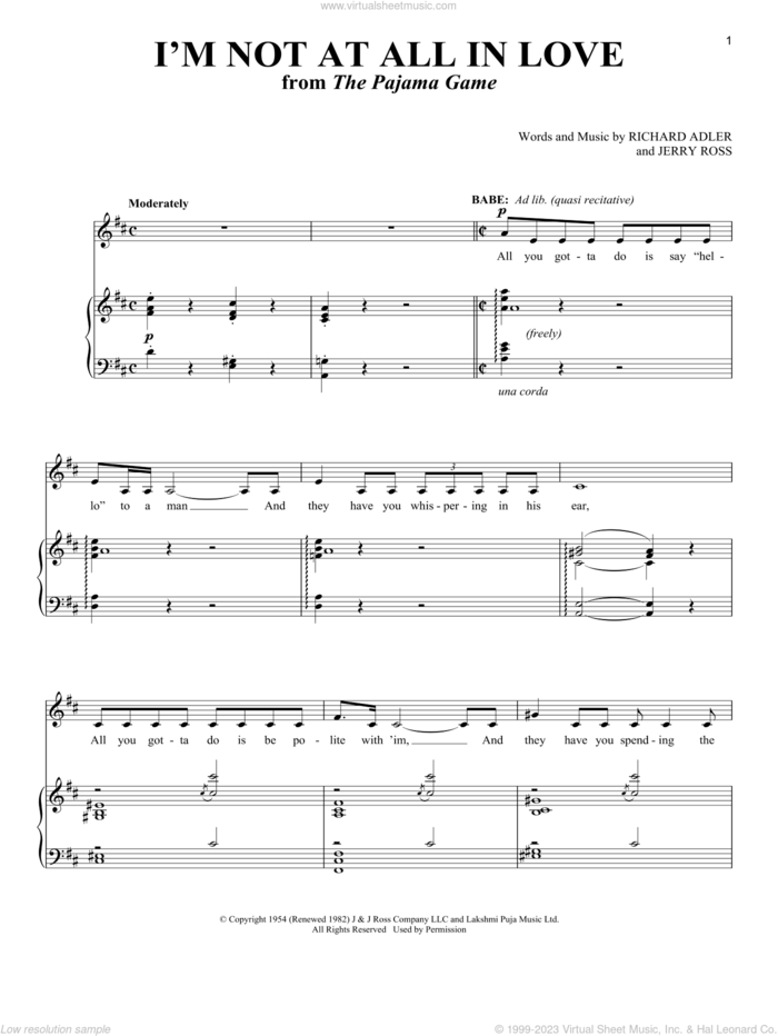 I'm Not At All In Love (from The Pajama Game) sheet music for voice and piano by Richard Adler, Richard Walters, Jerry Ross and Richard Adler and Jerry Ross, intermediate skill level
