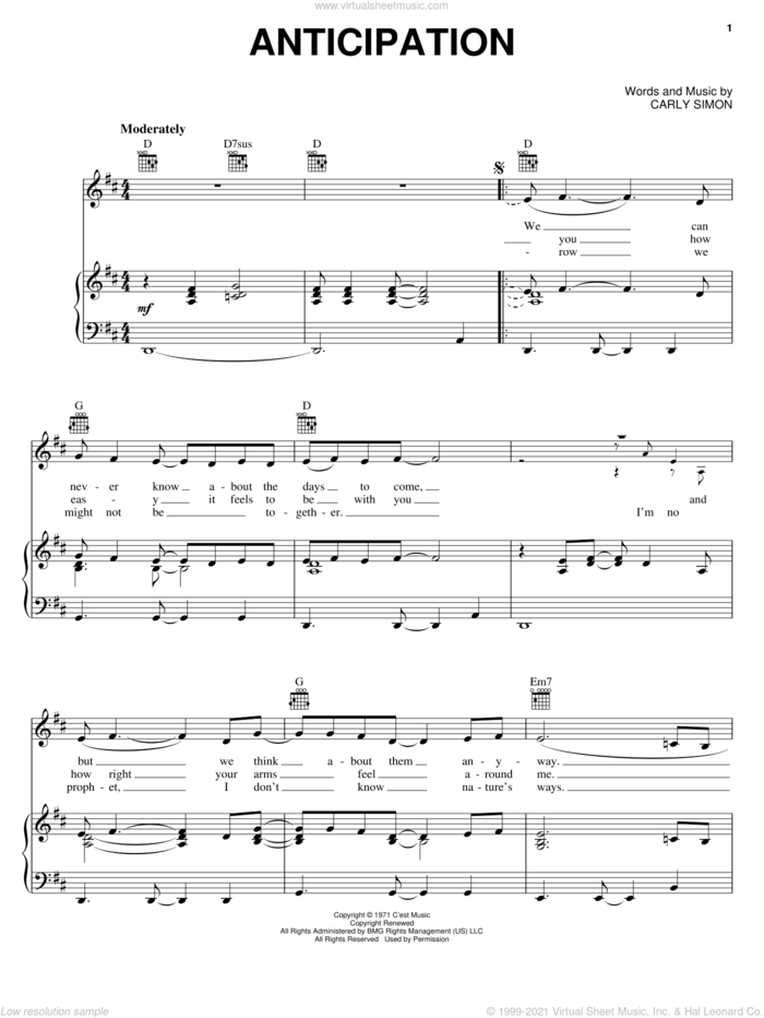 Anticipation sheet music for voice, piano or guitar by Carly Simon, intermediate skill level