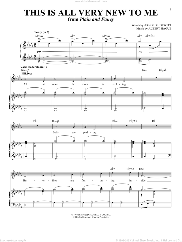 This Is All Very New To Me (from Plain and Fancy) sheet music for voice and piano by Albert Hague, Richard Walters, Arnold B. Horwitt and Arnold Horwitt and Albert Hague, intermediate skill level