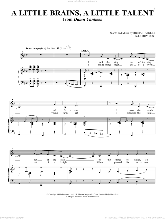 A Little Brains, A Little Talent (from Damn Yankees) sheet music for voice and piano by Richard Adler, Richard Walters, Jerry Ross and Richard Adler and Jerry Ross, intermediate skill level