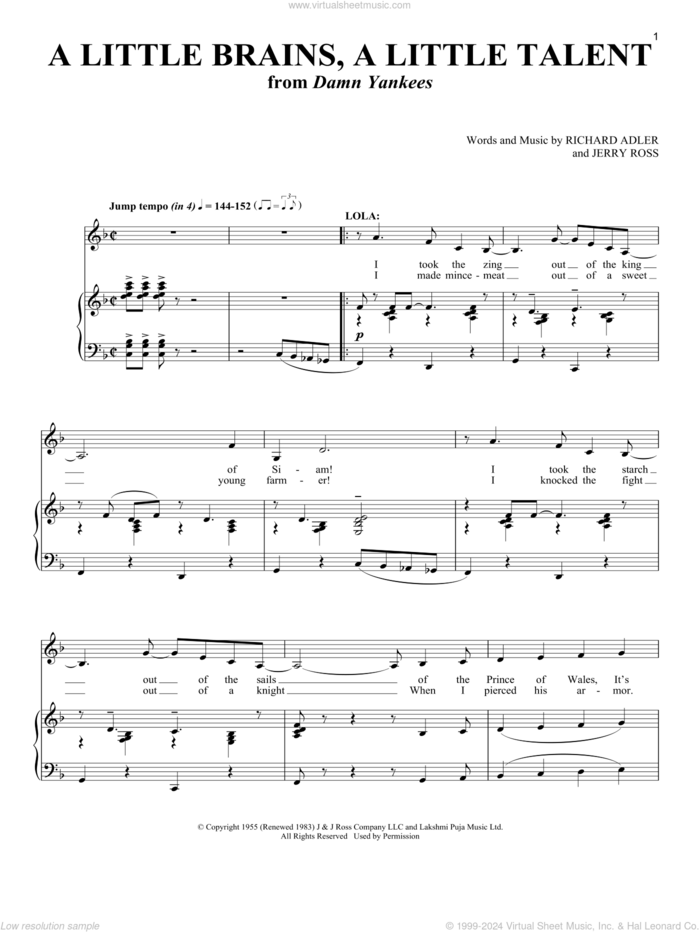 A Little Brains, A Little Talent (from Damn Yankees) sheet music for voice and piano by Richard Adler, Richard Walters, Jerry Ross and Richard Adler and Jerry Ross, intermediate skill level