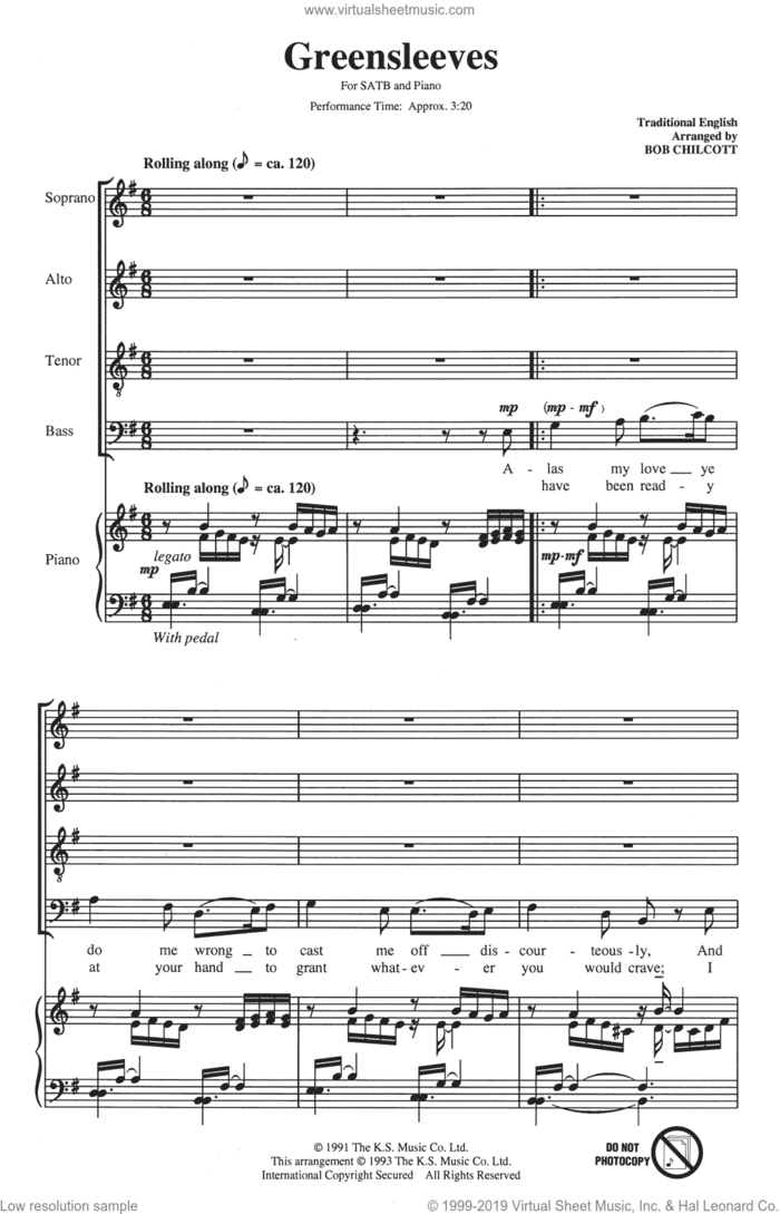 Greensleeves (arr. Bob Chilcott) sheet music for choir (SATB: soprano, alto, tenor, bass) by The King's Singers, Bob Chilcott and Miscellaneous, intermediate skill level