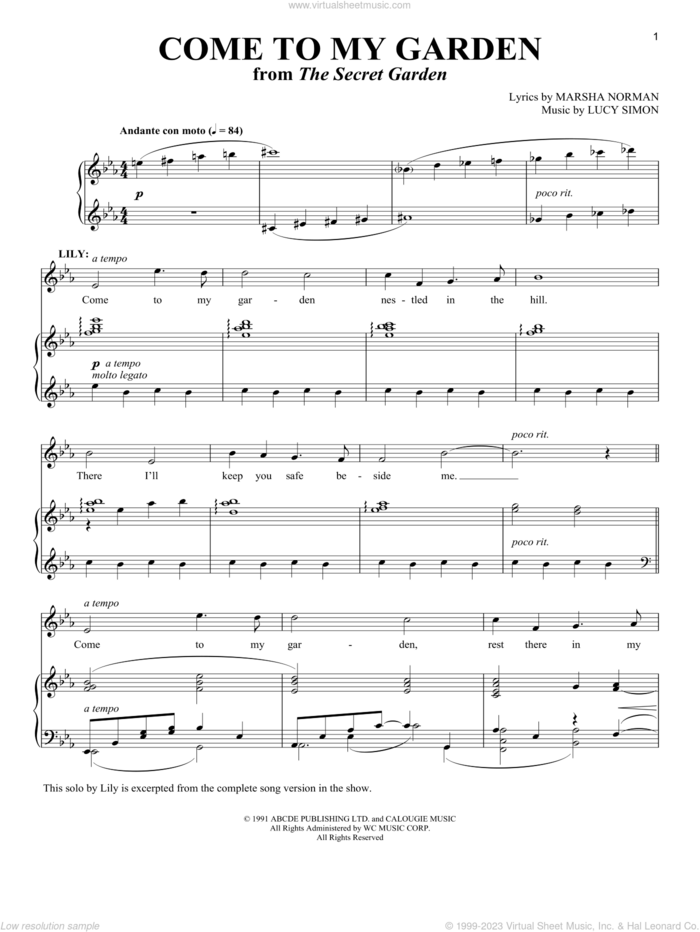Come To My Garden (from The Secret Garden) sheet music for voice and piano by Lucy Simon, Richard Walters, Marsha Norman and Marsha Norman and Lucy Simon, intermediate skill level