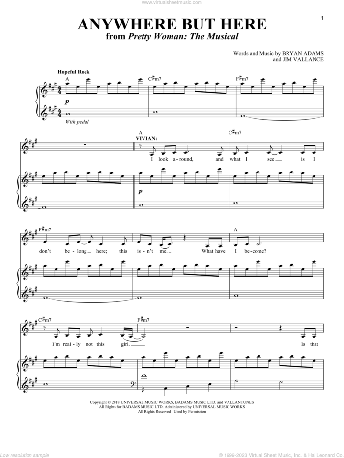 Anywhere But Here (from Pretty Woman: The Musical) sheet music for voice and piano by Bryan Adams, Richard Walters, Bryan Adams & Jim Vallance and Jim Vallance, intermediate skill level