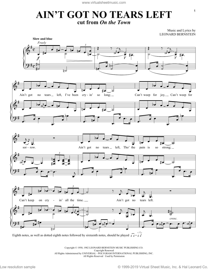 Ain't Got No Tears Left (from On the Town) sheet music for voice and piano by Leonard Bernstein and Richard Walters, intermediate skill level