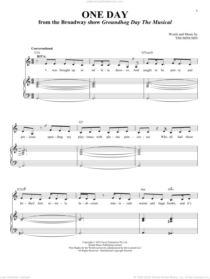 One Day (from Groundhog Day The Musical) sheet music for voice and piano by Tim Minchin and Richard Walters, intermediate skill level
