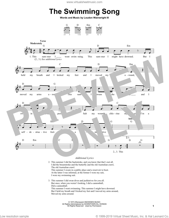 The Swimming Song sheet music for guitar solo (chords) by Loudon Wainwright III, easy guitar (chords)