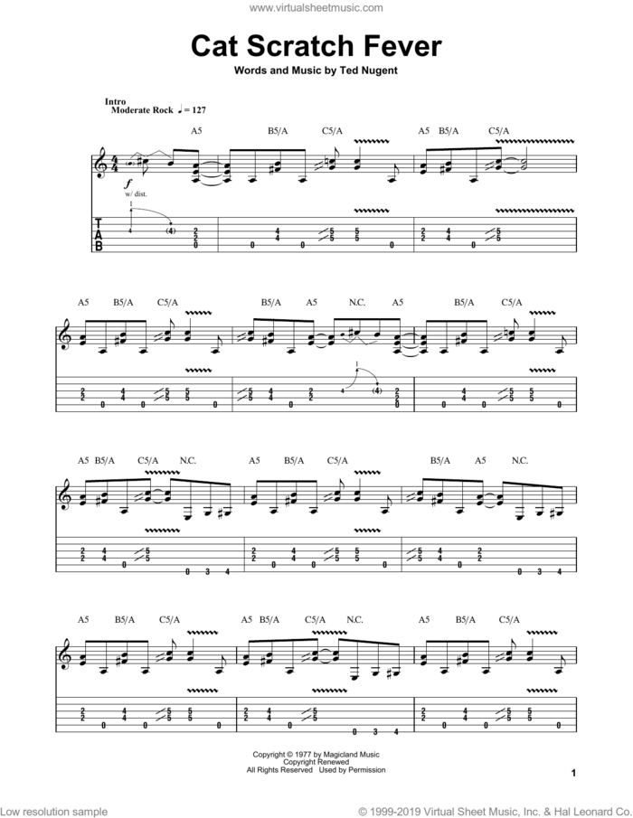 Cat Scratch Fever sheet music for guitar (tablature, play-along) by Ted Nugent, intermediate skill level