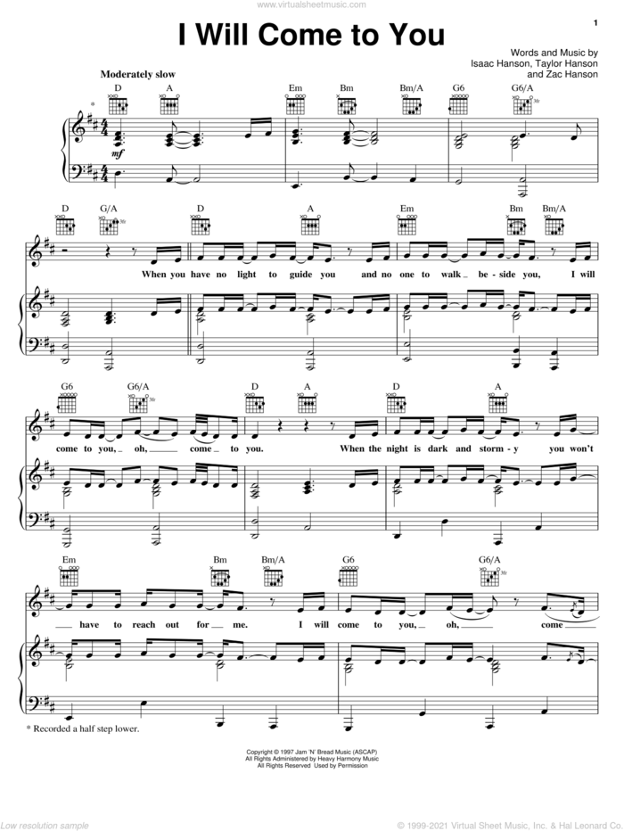 I Will Come To You sheet music for voice, piano or guitar by Isaac Hanson, Taylor Hanson and Zachary Hanson, intermediate skill level