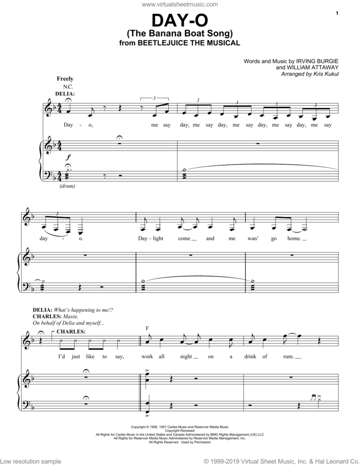 Day-O (The Banana Boat Song) (from Beetlejuice The Musical) (arr. Kris Kulul) sheet music for voice and piano by Eddie Perfect, Kris Kulul, Harry Belafonte, Irving Burgie and William Attaway, intermediate skill level