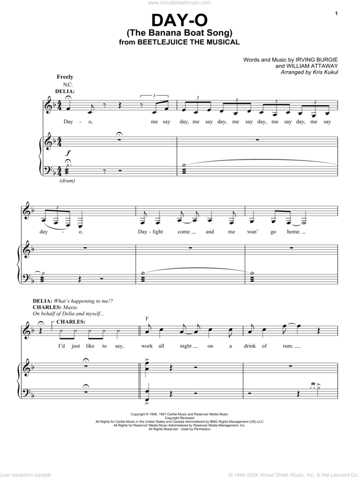 Day-O (The Banana Boat Song) (from Beetlejuice The Musical) (arr. Kris Kulul) sheet music for voice and piano by Eddie Perfect, Kris Kulul, Harry Belafonte, Irving Burgie and William Attaway, intermediate skill level