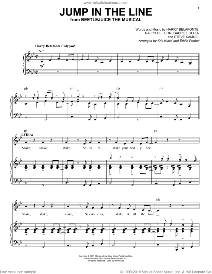 Jump In The Line (from Beetlejuice The Musical) (arr. Kris Kulul and Eddie Perfect) sheet music for voice and piano by Harry Belafonte, Eddie Perfect, Kris Kulul, Gabriel Oller, Jeff Simmons, Ralph De Leon, Steve Primatic and Steve Samuel, intermediate skill level