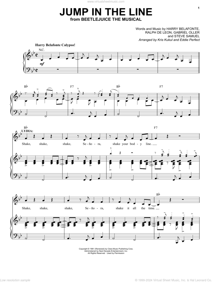 Jump In The Line (from Beetlejuice The Musical) (arr. Kris Kulul and Eddie Perfect) sheet music for voice and piano by Harry Belafonte, Eddie Perfect, Kris Kulul, Gabriel Oller, Jeff Simmons, Ralph De Leon, Steve Primatic and Steve Samuel, intermediate skill level