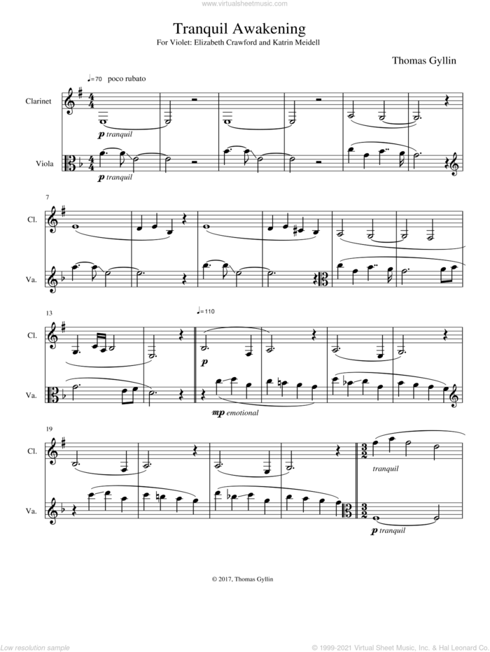 Tranquil Awakening sheet music for clarinet and viola (duet) by Thomas Gyllin, intermediate skill level