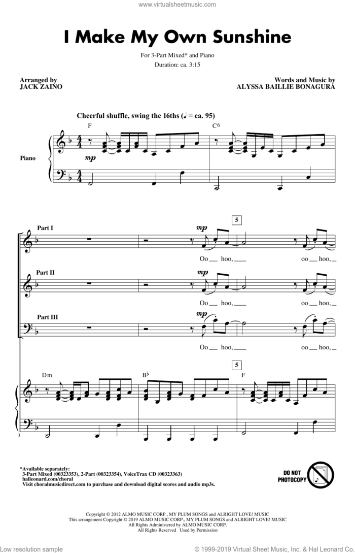 I Make My Own Sunshine (arr. Jack Zaino) sheet music for choir (3-Part Mixed) by Alyssa Bonagura, Jack Zaino and Alyssa Baillie Bonagura, intermediate skill level
