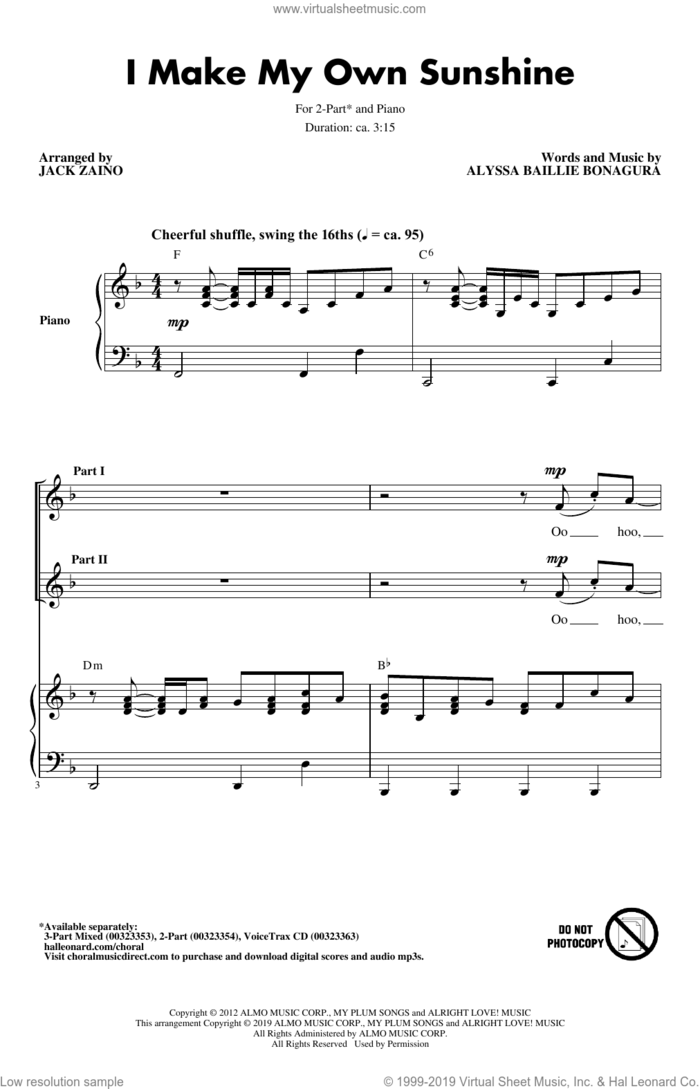 I Make My Own Sunshine (arr. Jack Zaino) sheet music for choir (2-Part) by Alyssa Bonagura, Jack Zaino and Alyssa Baillie Bonagura, intermediate duet