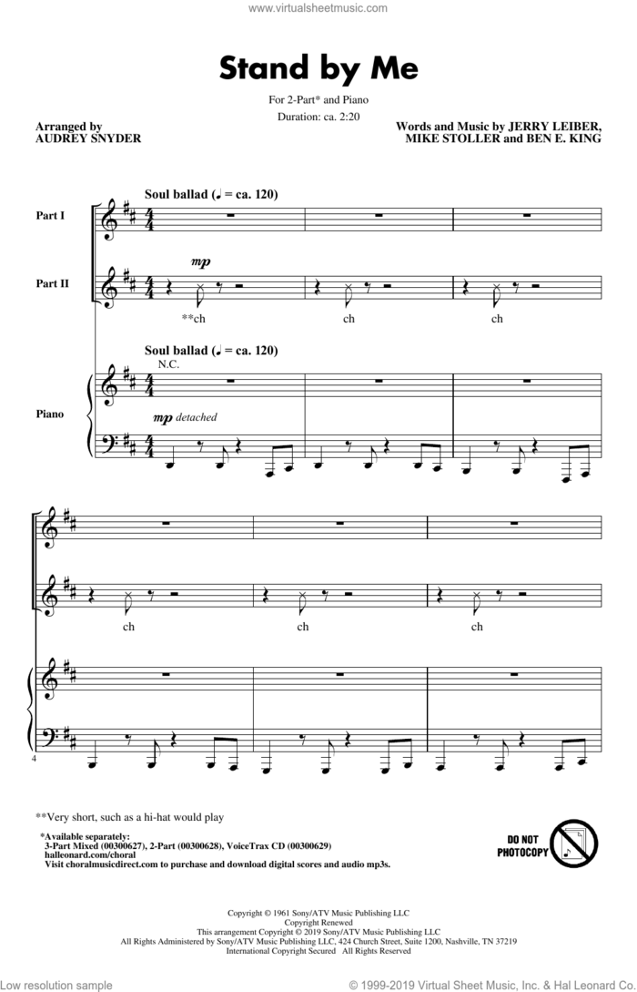 Stand By Me (arr. Audrey Snyder) sheet music for choir (2-Part) by Ben E. King, Audrey Snyder, Jerry Leiber, Mickey Gilley and Mike Stoller, intermediate duet