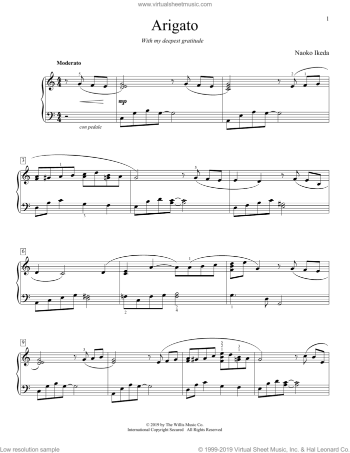 Arigato sheet music for piano solo (elementary) by Naoko Ikeda, beginner piano (elementary)