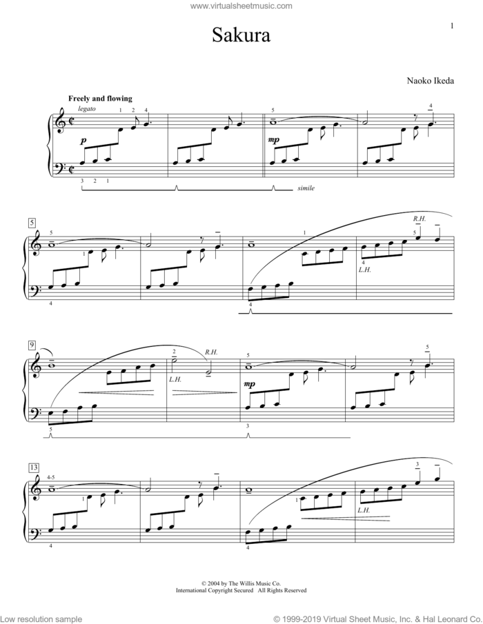Sakura sheet music for piano solo (elementary) by Naoko Ikeda, beginner piano (elementary)