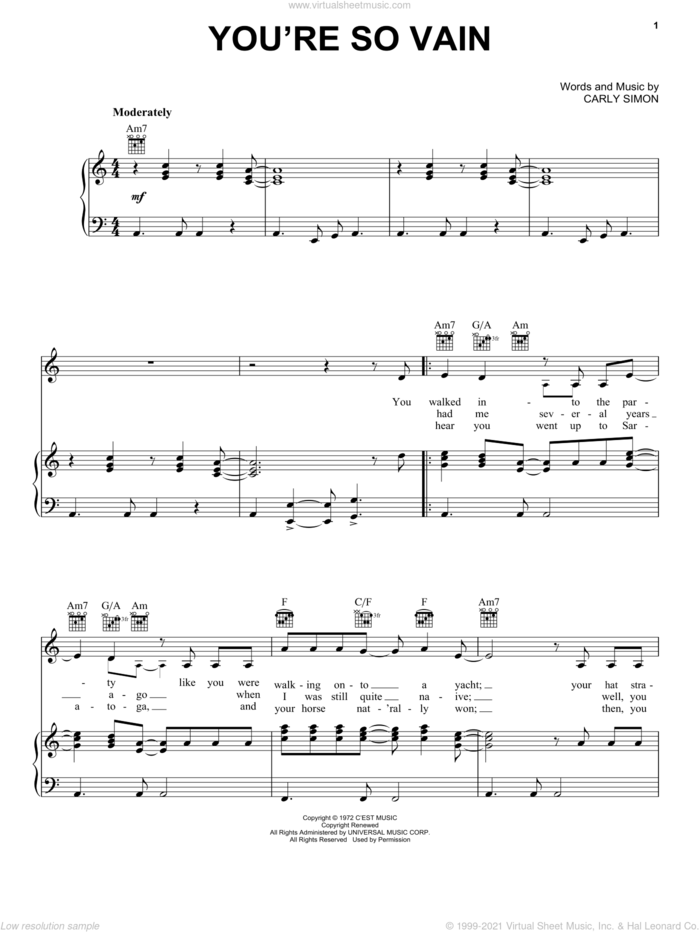 You're So Vain sheet music for voice, piano or guitar by Carly Simon, intermediate skill level