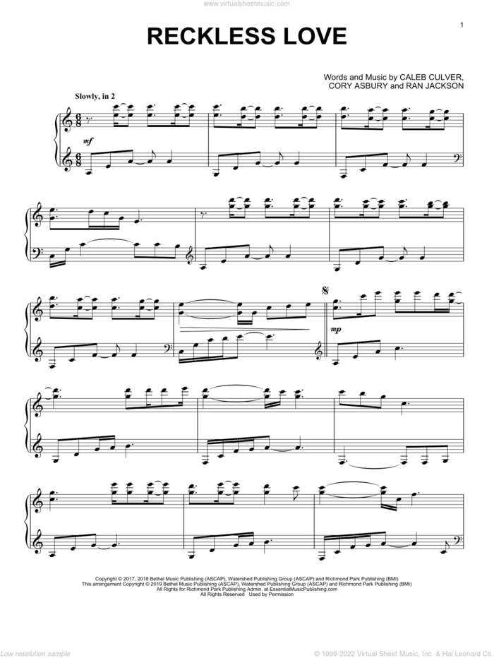 Reckless Love, (intermediate) sheet music for piano solo by Cory Asbury, Caleb Culver and Ran Jackson, intermediate skill level