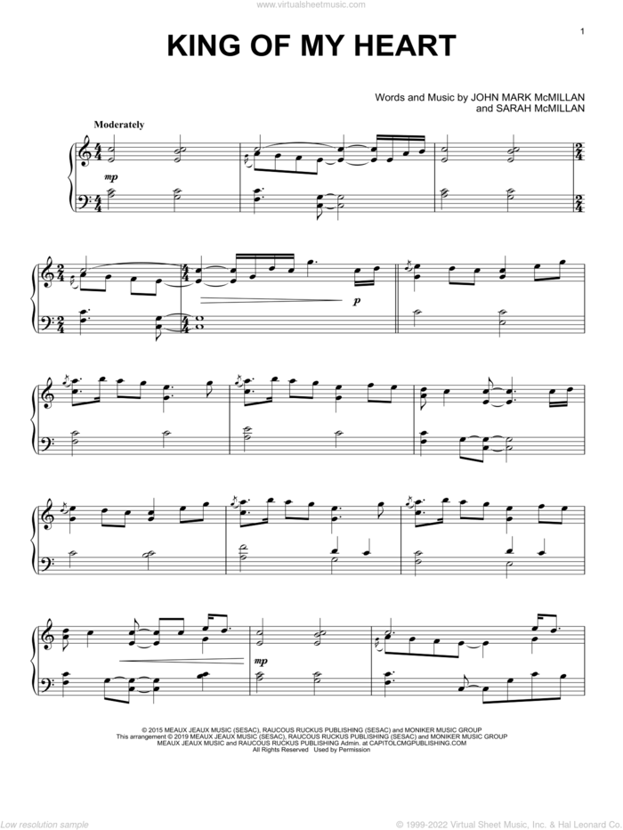 King Of My Heart sheet music for piano solo by Bethel Music, John Mark McMillan and Sarah McMillan, intermediate skill level