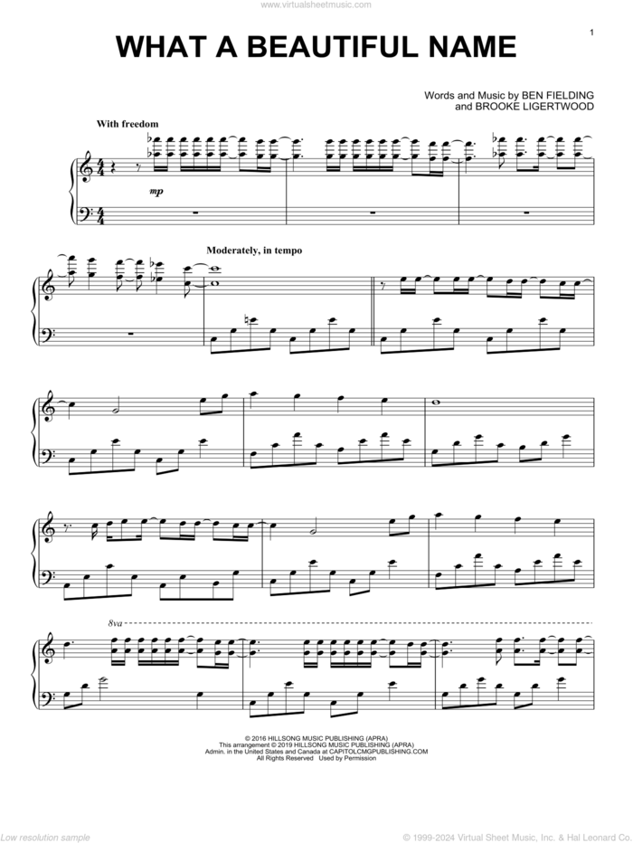 What A Beautiful Name, (intermediate) sheet music for piano solo by Hillsong Worship, Ben Fielding and Brooke Ligertwood, intermediate skill level