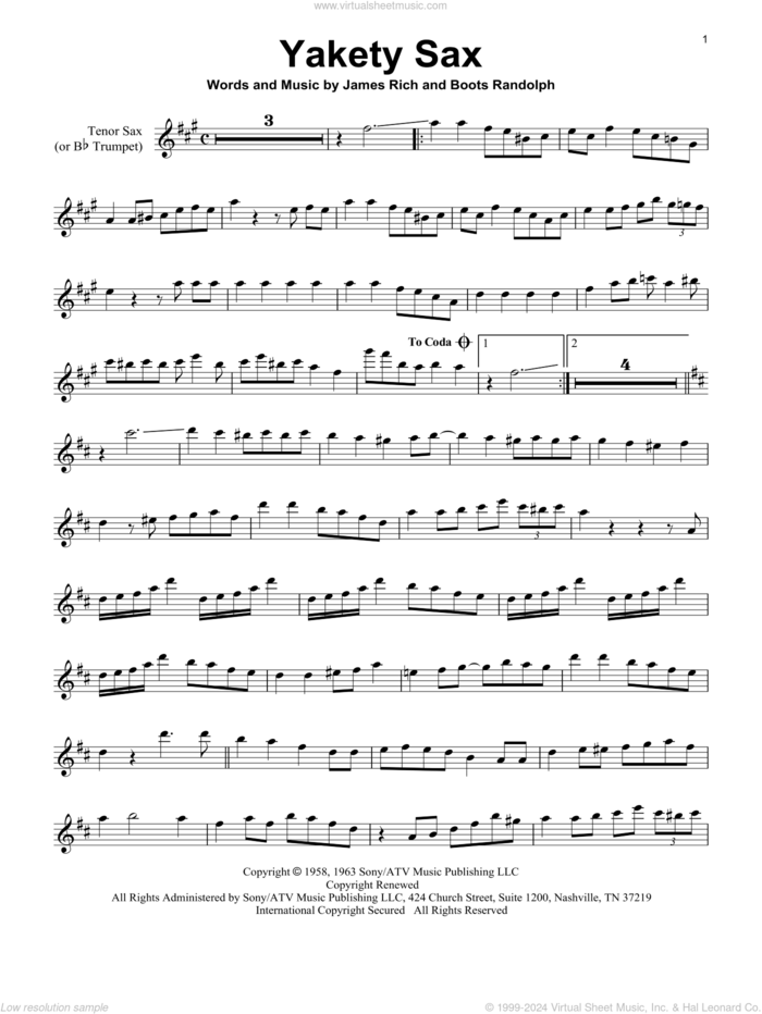 Yakety Sax sheet music for tenor saxophone solo by Boots Randolph and James Rich, intermediate skill level