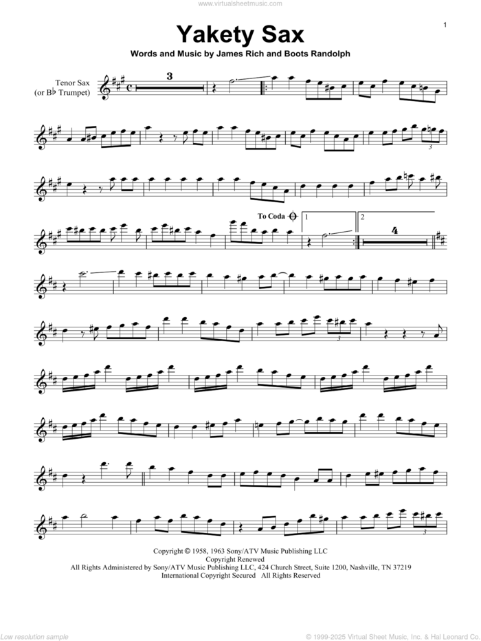 Yakety Sax sheet music for tenor saxophone solo by Boots Randolph and James Rich, intermediate skill level