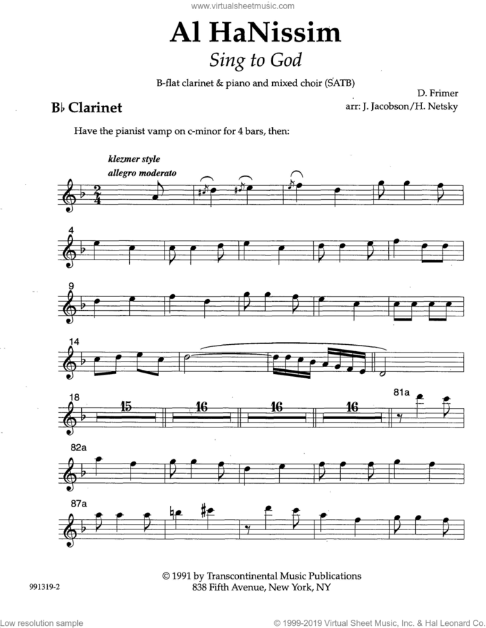 Al HaNissim (Sing to God) (arr. Joshua R. Jacobson and Hankus Netsky) sheet music for clarinet solo by Dov Frimer, Hankus Netsky and Joshua Jacobson, intermediate skill level