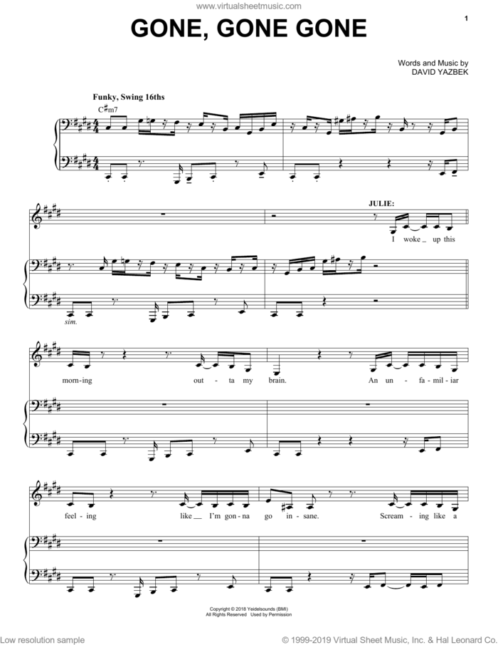 Gone, Gone, Gone (from the musical Tootsie) sheet music for voice and piano by David Yazbek, intermediate skill level