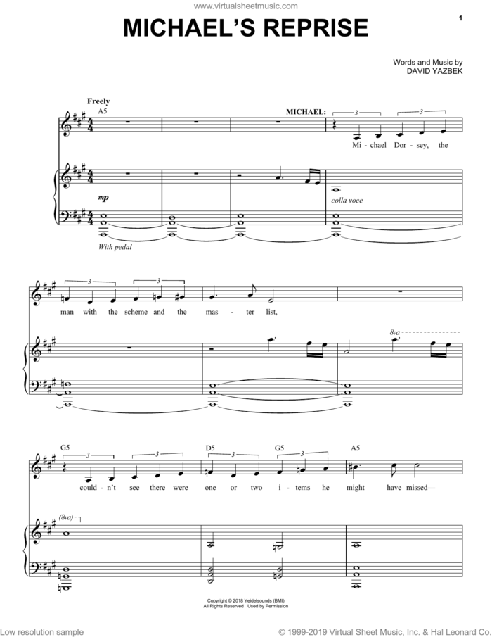 Michael's Reprise (from the musical Tootsie) sheet music for voice and piano by David Yazbek, intermediate skill level