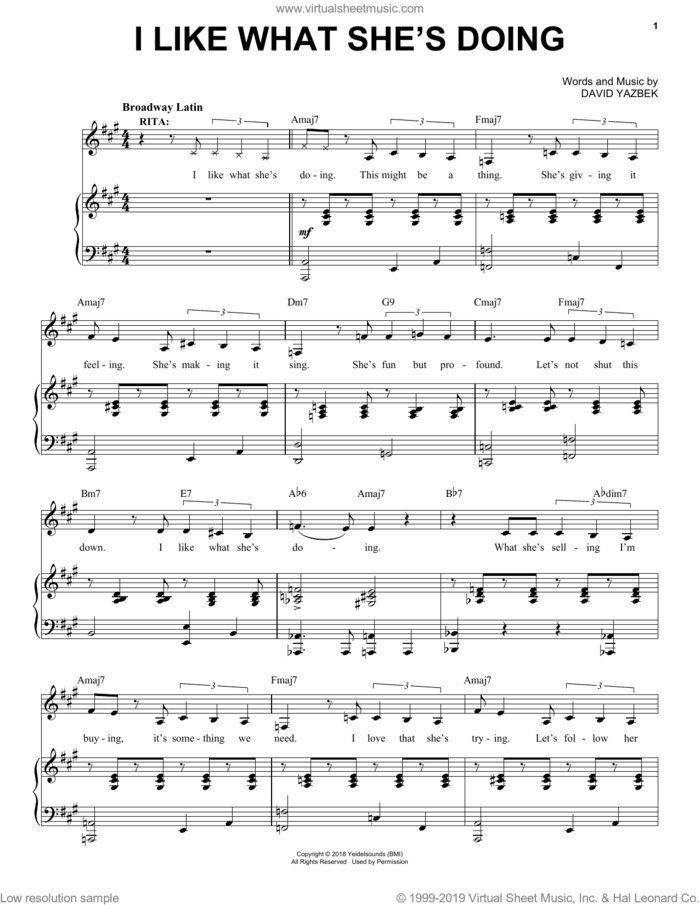 I Like What She's Doing (from the musical Tootsie) sheet music for voice and piano by David Yazbek, intermediate skill level