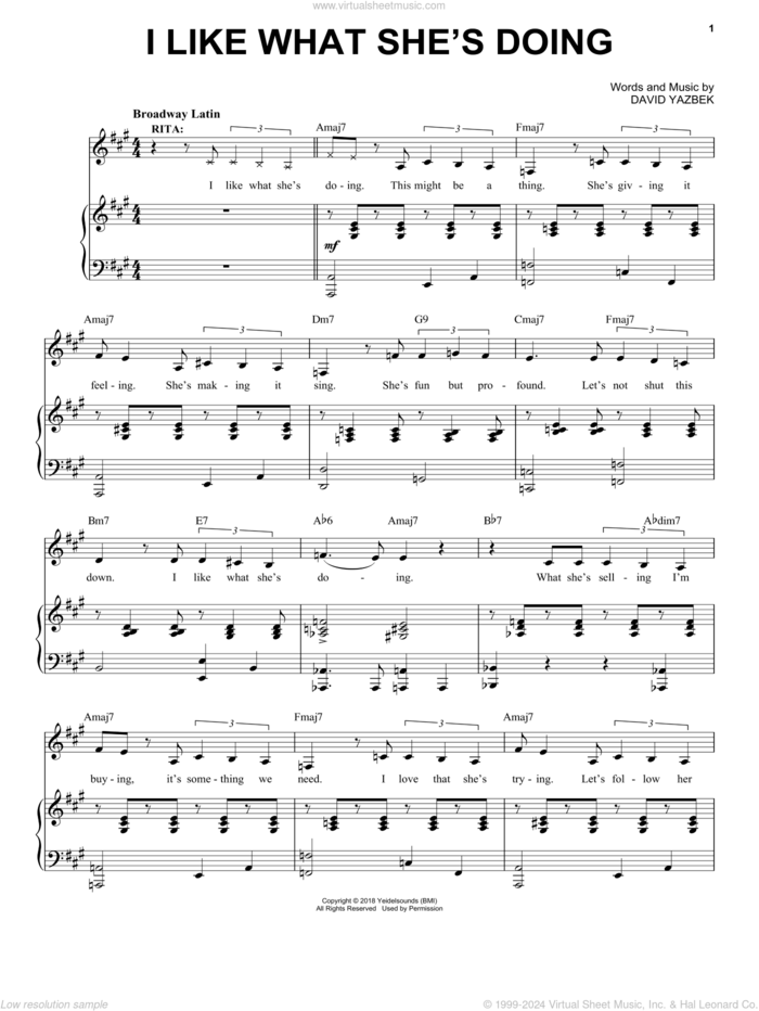 I Like What She's Doing (from the musical Tootsie) sheet music for voice and piano by David Yazbek, intermediate skill level