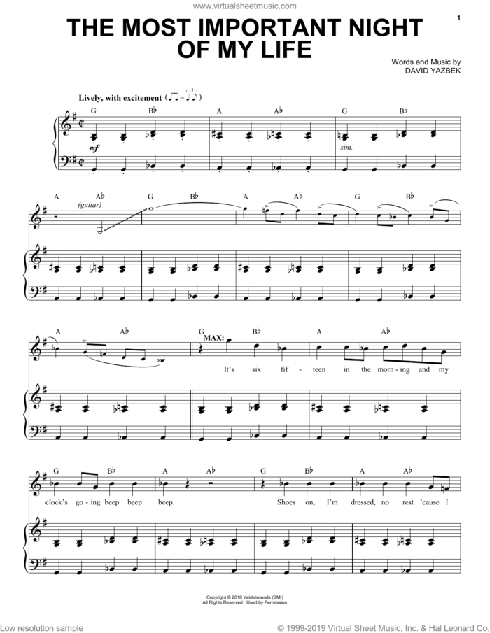 The Most Important Night Of My Life (from the musical Tootsie) sheet music for voice and piano by David Yazbek, intermediate skill level