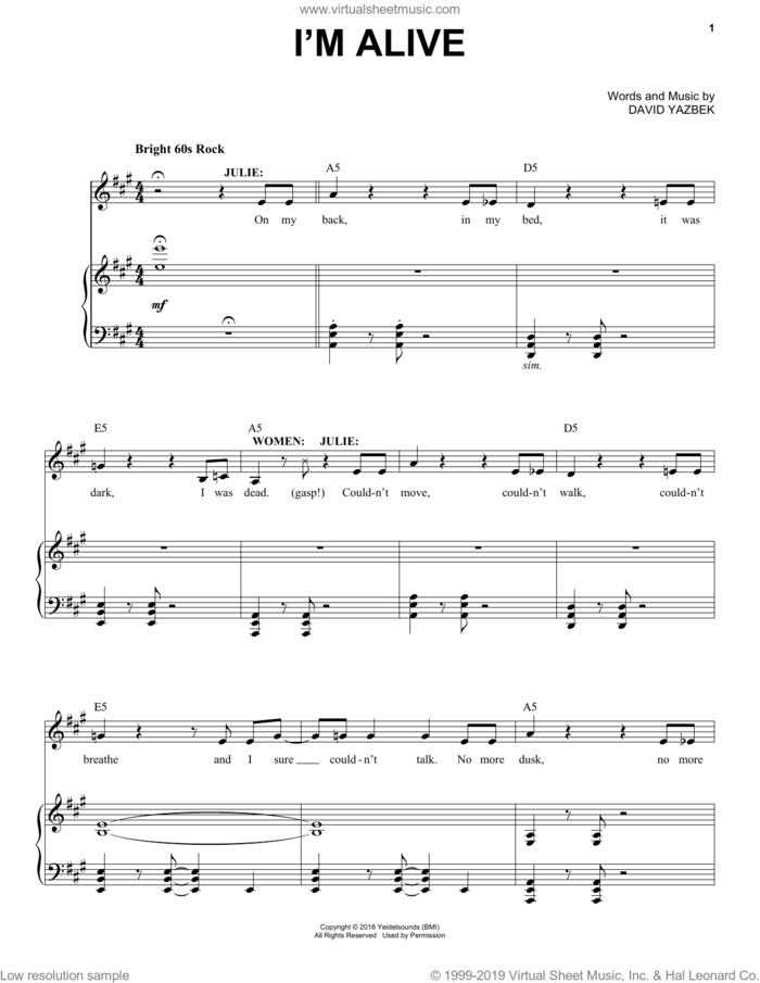 I'm Alive (from the musical Tootsie) sheet music for voice and piano by David Yazbek, intermediate skill level