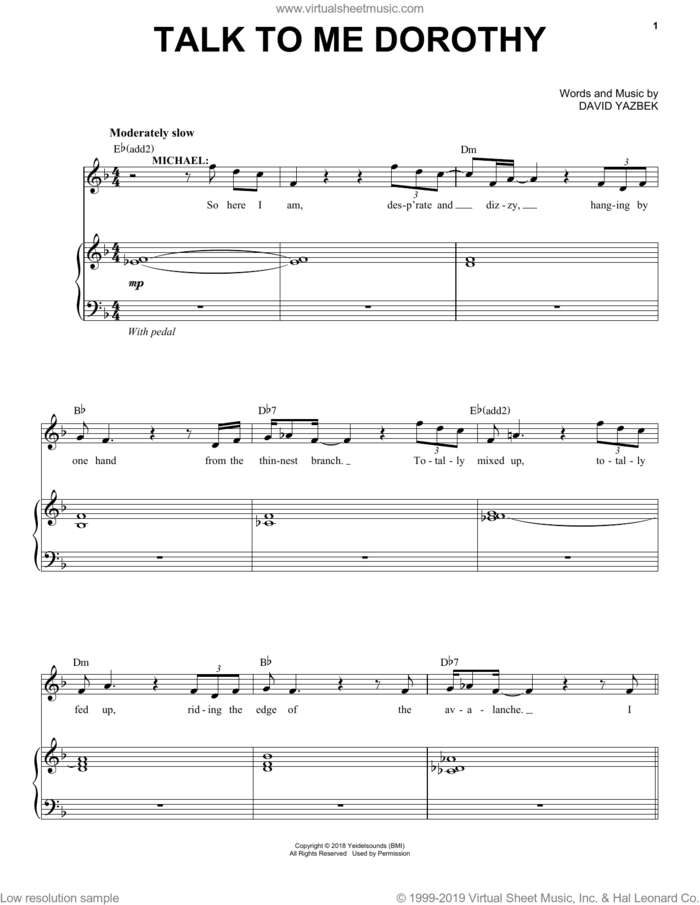 Talk To Me Dorothy (from the musical Tootsie) sheet music for voice and piano by David Yazbek, intermediate skill level