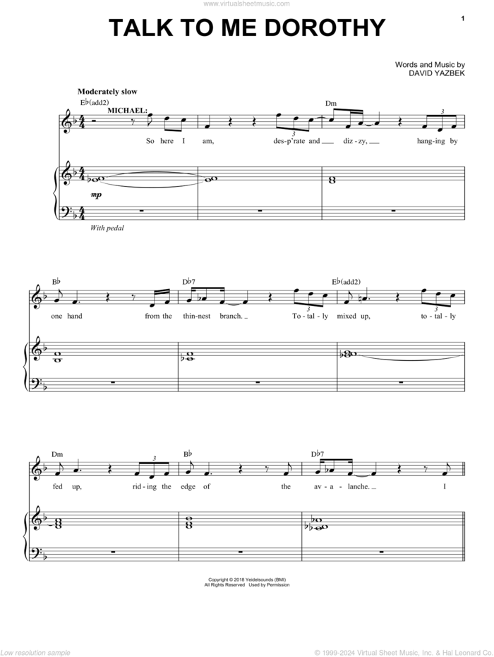 Talk To Me Dorothy (from the musical Tootsie) sheet music for voice and piano by David Yazbek, intermediate skill level