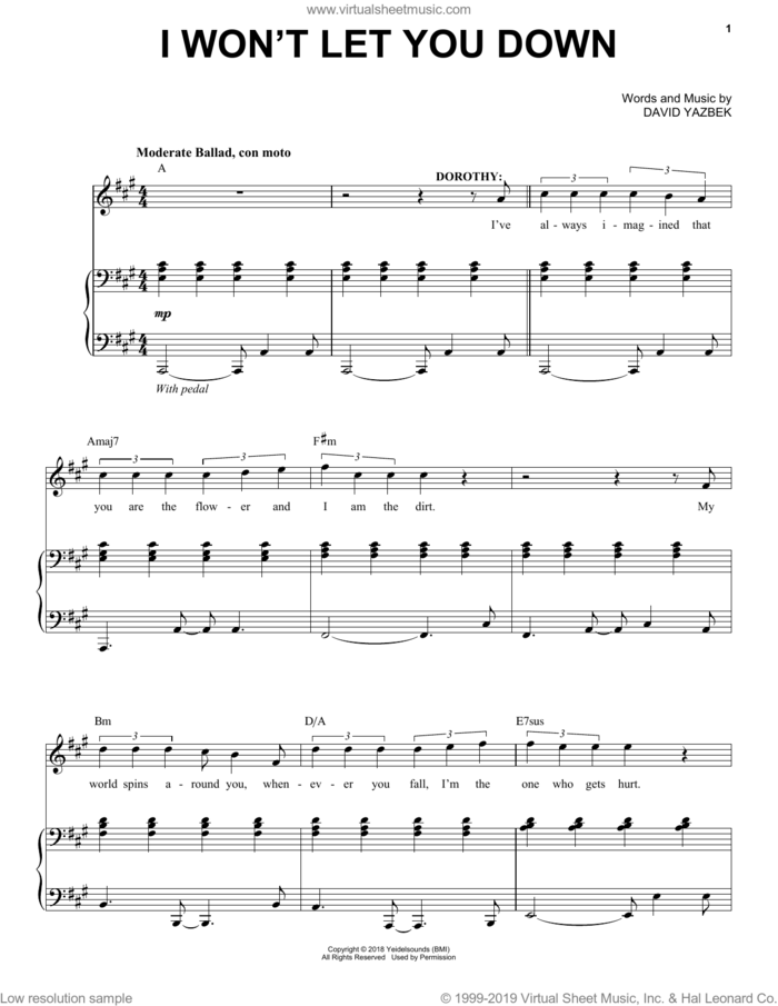 I Won't Let You Down (from the musical Tootsie) sheet music for voice and piano by David Yazbek, intermediate skill level