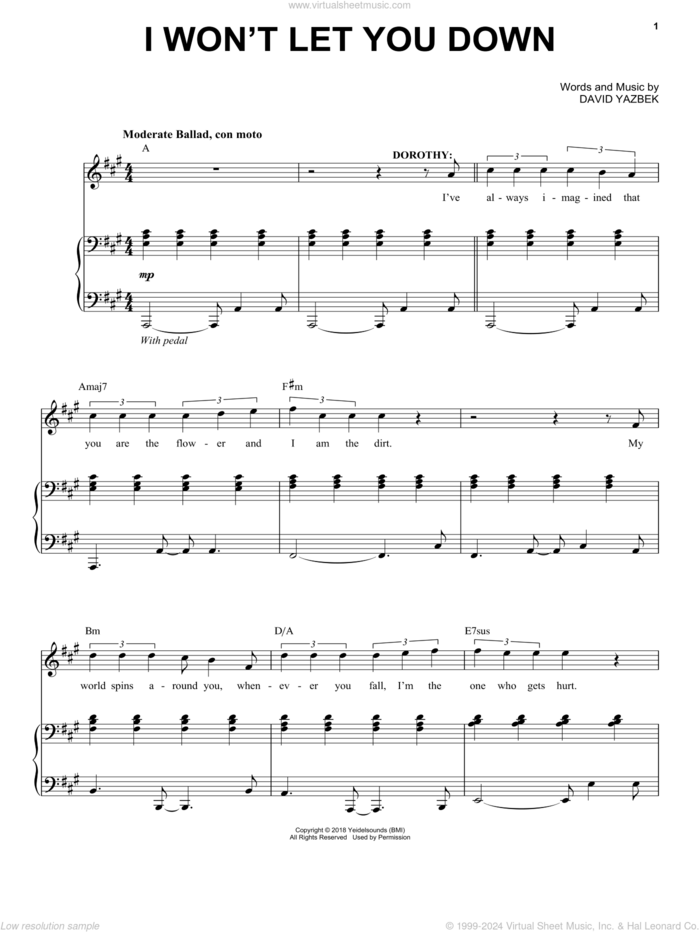 I Won't Let You Down (from the musical Tootsie) sheet music for voice and piano by David Yazbek, intermediate skill level