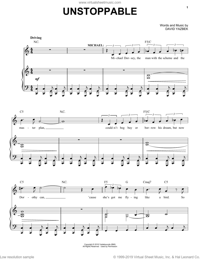 Unstoppable (from the musical Tootsie) sheet music for voice and piano by David Yazbek, intermediate skill level
