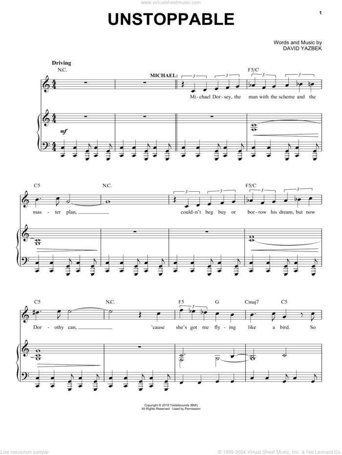 Unstoppable (from the musical Tootsie) sheet music for voice and piano by David Yazbek, intermediate skill level