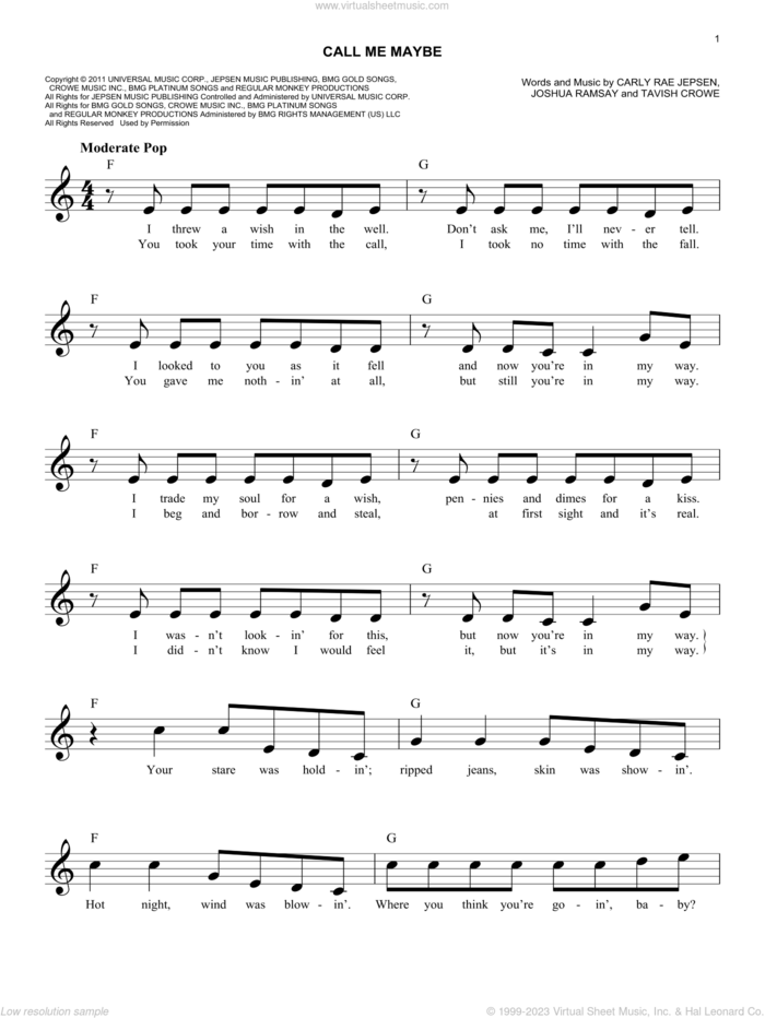 Call Me Maybe sheet music for voice and other instruments (fake book) by Carly Rae Jepsen, Joshua Ramsay and Tavish Crowe, intermediate skill level