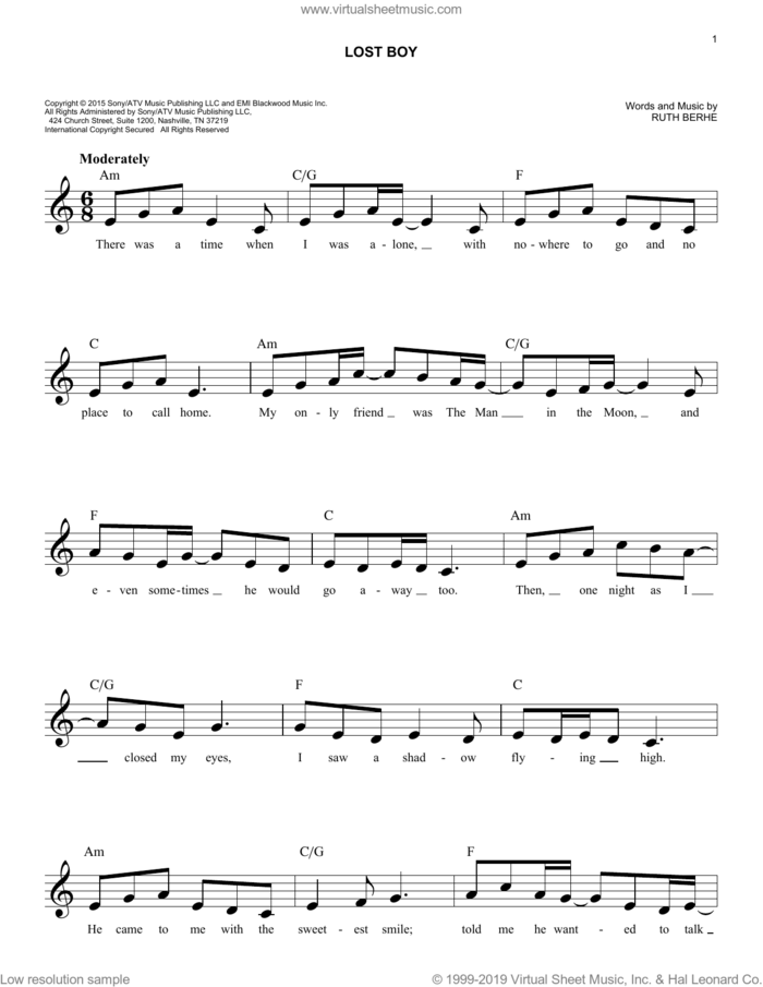 Lost Boy sheet music for voice and other instruments (fake book) by Ruth B and Ruth Berhe, intermediate skill level