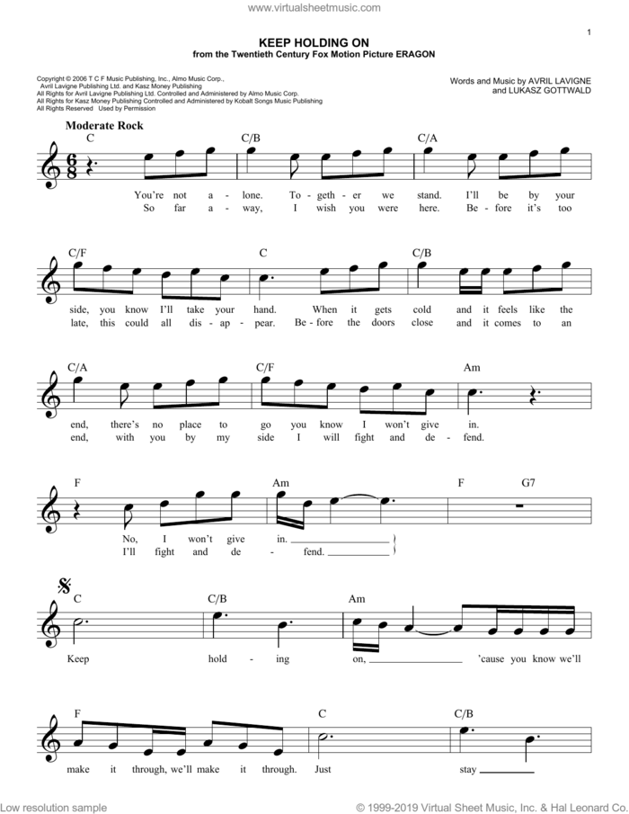 Keep Holding On sheet music for voice and other instruments (fake book) by Avril Lavigne and Lukasz Gottwald, intermediate skill level