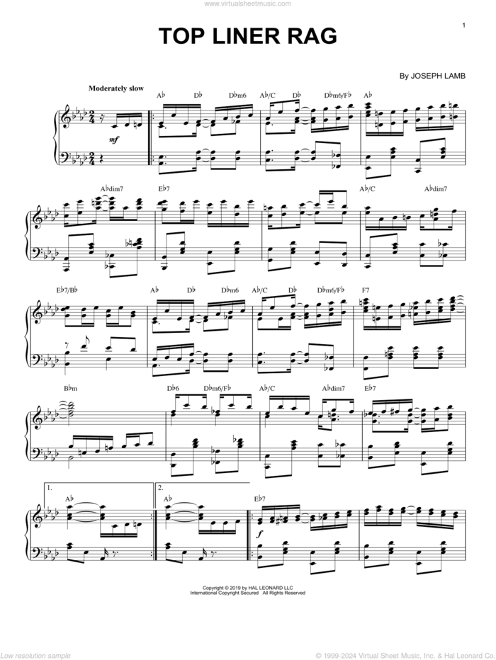 Top Liner Rag [Jazz version] sheet music for piano solo by Joseph Lamb, intermediate skill level