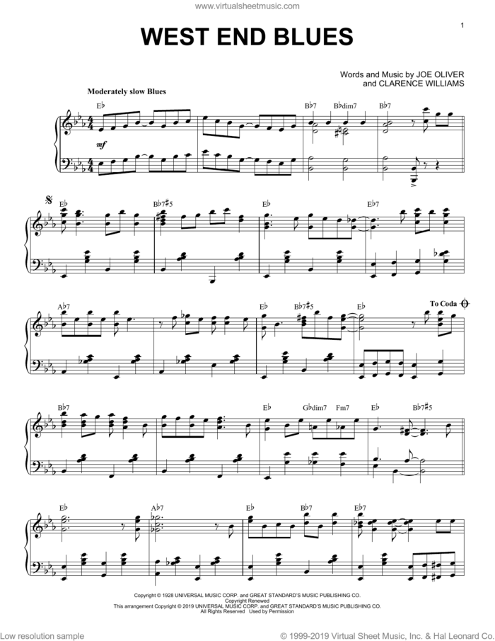 West End Blues [Jazz version] sheet music for piano solo by Louis Armstrong, Clarence Williams and Joe Oliver, intermediate skill level
