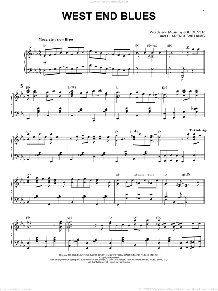 West End Blues [Jazz version] sheet music for piano solo by Louis Armstrong, Clarence Williams and Joe Oliver, intermediate skill level